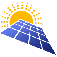 Illustration of a shining sun rising behind blue solar panels, symbolizing a Solar Power Companys commitment to solar energy and renewable power.